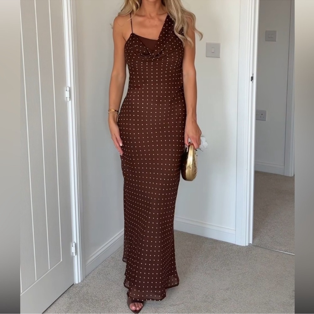 ZARA Brown Draped Neck Polka Dot Maxi Dress - Picture 5 of 17